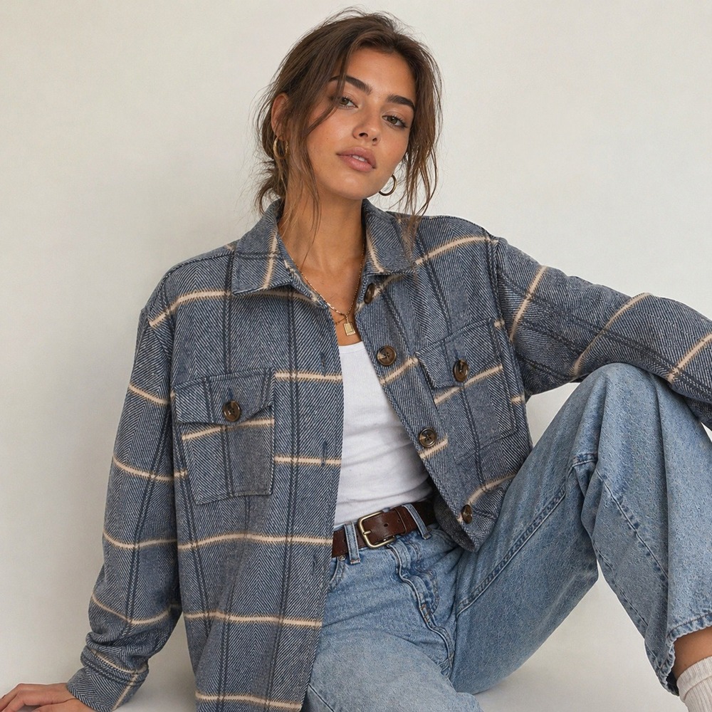 Jason Maxwell Plaid Wool Blend Shacket Women Small Blue Herringbone Overshirt
